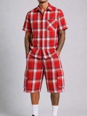 🔥 Men's Red Matching Plaid Set | Casual Summer Outfit |Cargo Shorts | L